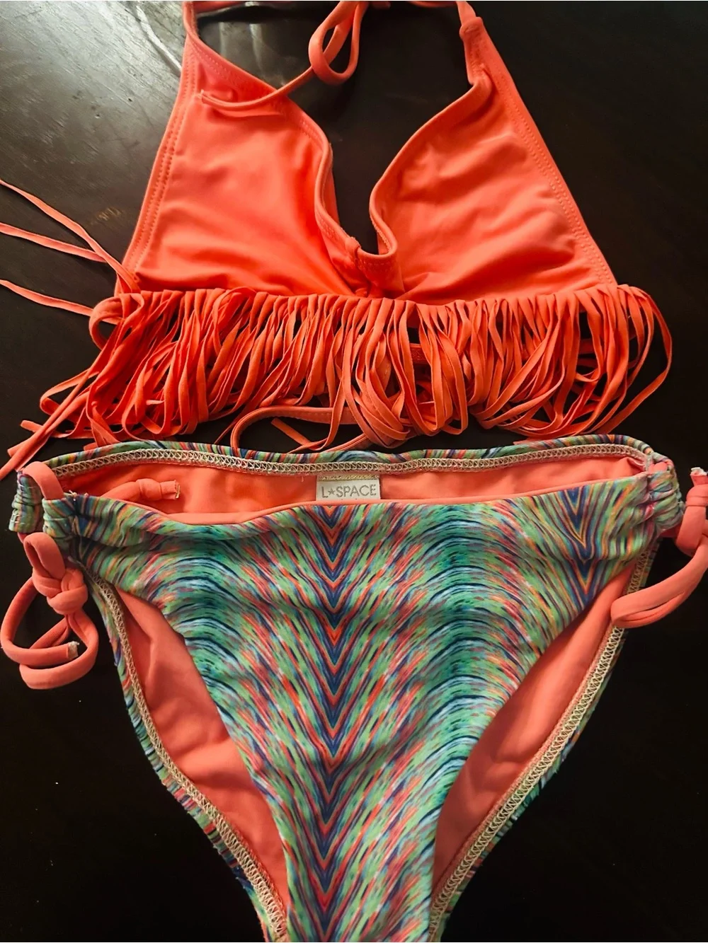 Girl’s L*space Coral Fringe Halter Bikini with Multicolor Patterned Bottoms